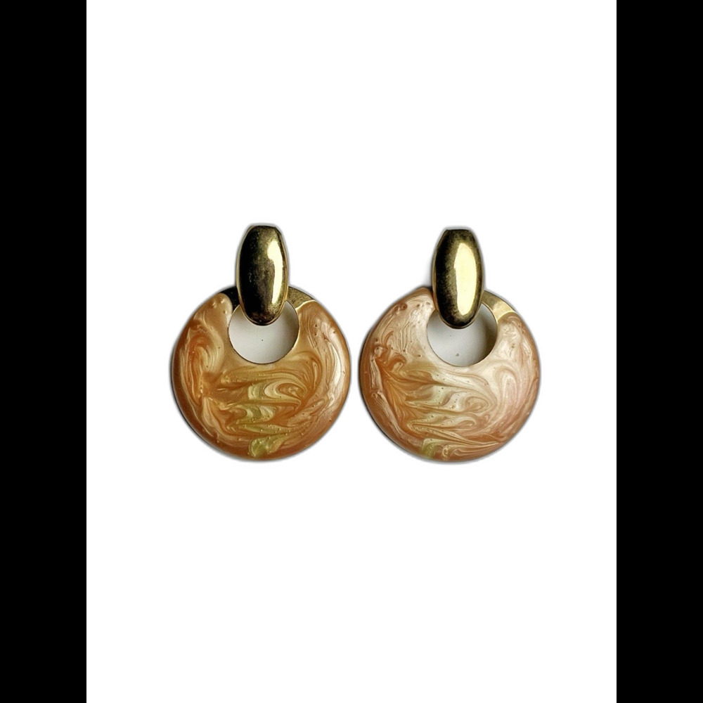 Vintage Disc Earrings 80's Marbled Orange Gold Disco Era Party Girl Jewelry